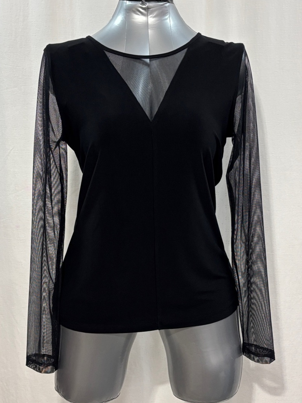 DKNY Black Long-Sleeve Top w/Sheer Mesh V-Neck and Sleeves 353 date night chic